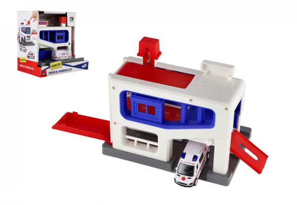 Garaż + ambulans samochodowy plastikowy w pudełku 20x20x14cm