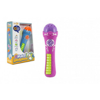 Mikrofon z nagranymi utworami plastikowy 23cm niebieski na baterie z dźwiękiem w pudełku 20x27x7cm