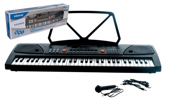 Fortepian/organ duży plastikowy 61 klawiszy 63x20cm z mikrofonem i USB na akumulatory litowo-jonowe w pudełku