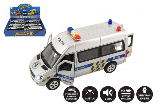Samochód policyjny metal/plastik 15 cm na baterie ze światłem i dźwiękiem do chowania 6 sztuk w pudełku