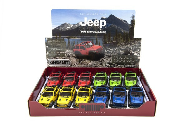 Samochód Kinsmart Jeep Wrangler 2018 otwarty dach 12cm metal/plastik 4 kolory na rewersie nat.