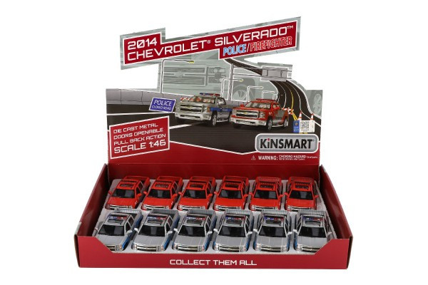 Samochód Kinsmart Chevrolet 2014 Silverado Policja/Strażak metal/plastik 13cm na rewersie nat. 2 kolory 12 szt