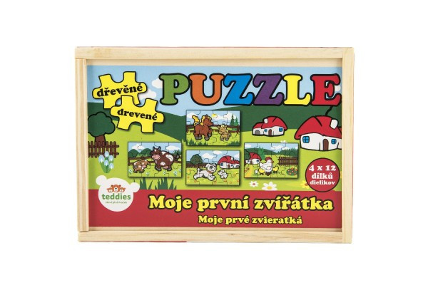 Puzzle drewniane Moje pierwsze zwierzaki 4x12 sztuk 20x14x3,5cm w drewnianym pudełku 24m+ MPZ