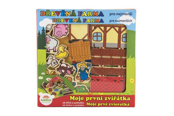 Drewniany domek gospodarski Moje pierwsze zwierzaki 31x31cm 28 szt + mata w pudełku MPZ