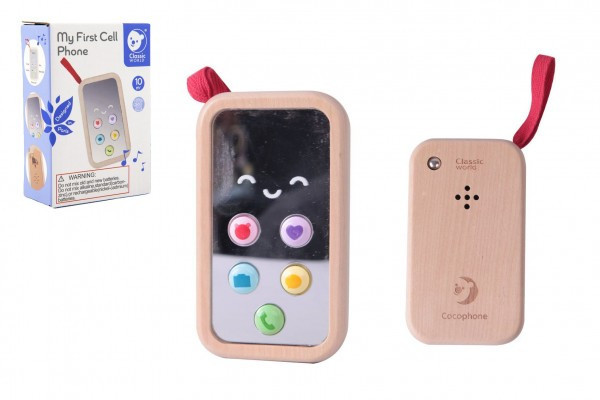 Telefon komórkowy drewniany 11cm na baterie z dźwiękiem w pudełku 8x12x4cm 10m+