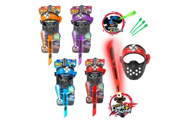 Zestaw Ninja plastikowy miecz + maska + strzały 3 sztuki zasilany bateriami z dźwiękiem, światłem 4 kolory na karcie 20x62cm