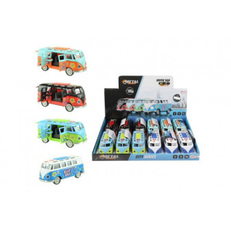 Autobus retro metal/plastik 12 cm zasilany bateriami z dźwiękiem i światłem, odciągany, 4 kolory