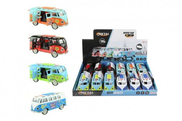 Autobus retro metal/plastik 12 cm zasilany bateriami z dźwiękiem i światłem, odciągany, 4 kolory