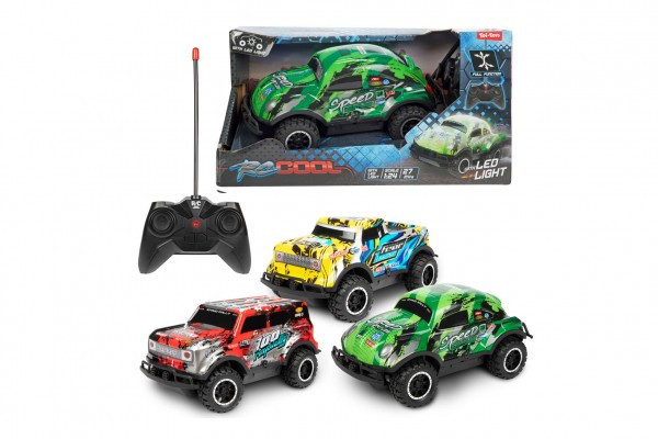 Samochód terenowy RC plastikowy 16cm 27MHz zasilany bateriami, 3 rodzaje świateł w pudełku 24x12,5x13cm