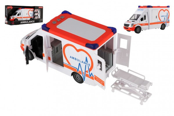 Samochód ambulans plastikowy 28cm z łóżkiem na kole zamachowym ze światłem i dźwiękiem w pudełku 39x18x12cm