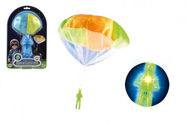 Figurka spadochroniarza ze spadochronem latająca świecąca tkanina/plastik 12 cm na baterie 2 kolory na karcie