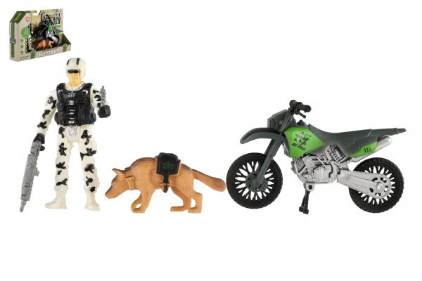 Zestaw wojskowy plastikowy motocykl, żołnierz, pies z akcesoriami w pudełku 23x14x4cm