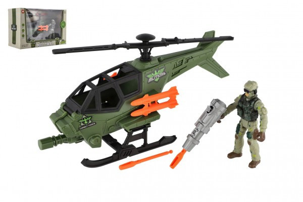 Zestaw wojskowy helikopter/helikopter+żołnierz z akcesoriami plastikowymi w pudełku 27x18x12cm