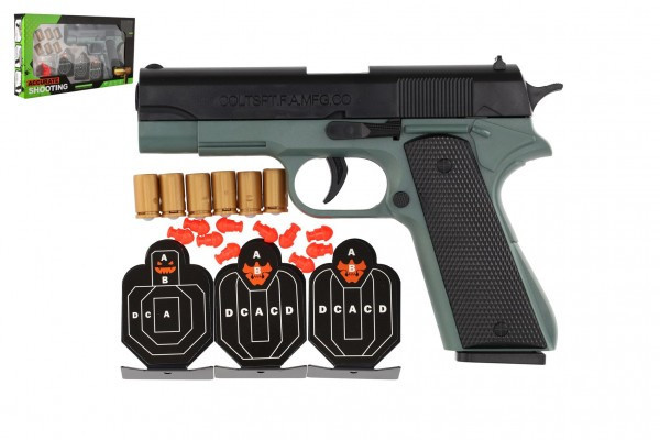 Pistolet do nabojów piankowych plastikowy 19cm + tarcze 3 szt., naboje 34x18x4,5cm