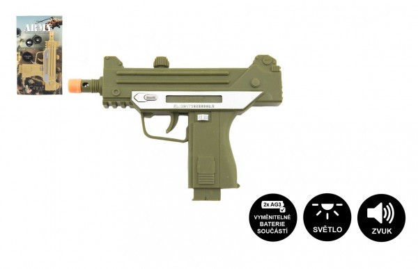 Plastikowy pistolet maszynowy ARMY 17,5 cm na baterię z dźwiękiem i jasnozielonym światłem na karcie
