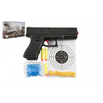 Pistolet na kulki 20 cm plastik + kule wodne 6 mm, wkłady piankowe 3 szt., kulka gumowa. w pudełku 23x15