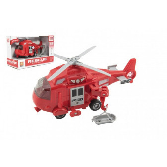 Helikopter ratowniczy plastikowy 21cm na kole zamachowym na rakietce. ze światłem i dźwiękiem w pudełku 24x15,5x11