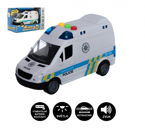 Samochód policyjny van plastikowy 15cm na kole zamachowym zasilany baterią z dźwiękiem i światłem w pudełku 19x13x9c