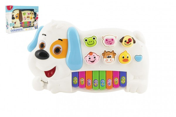 Pies Pianko ze zwierzętami plastik 28cm zasilany baterią z dźwiękiem i światłem 2 kolory w pudełku 32x22x6cm
