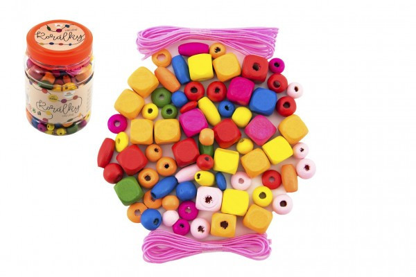Kolorowe drewniane koraliki z gumkami ok. 300 szt w plastikowym pudełku 7x11cm