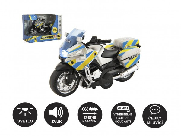 Motocykl policyjny 12 cm metal/plastik z językiem czeskim na odwrocie nat. na nietoperzu. ze światłem/dźwiękiem w krab.1