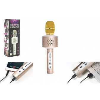 Złoty mikrofon karaoke Bluetooth na baterie z kablem USB w pudełku 10x28x8,5cm