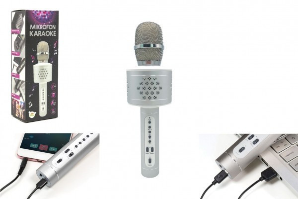 Mikrofon do karaoke Bluetooth srebrny zasilany bateryjnie z kablem USB w pudełku 10x28x8,5cm