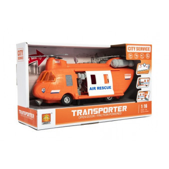 Helikopter ratowniczy plastikowy 28cm na kole zamachowym na rakietce. ze światłem i dźwiękiem w pudełku 32x19x12cm