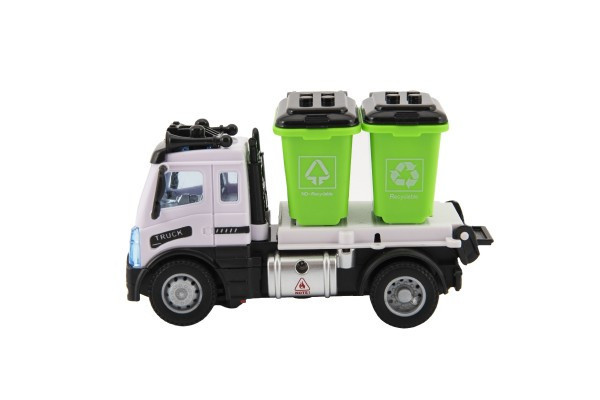Samochód RC śmieciarki plastikowe 12cm 27MHz pilot zdalnego sterowania zasilany bateryjnie ze światłem w krabie. 16x18x8cm
