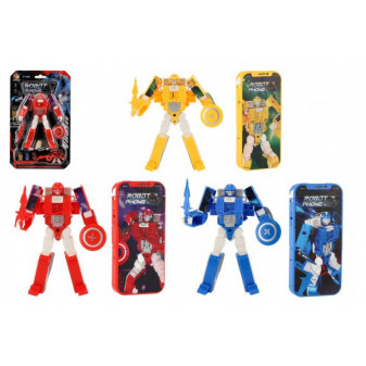 Transformator robot/telefon plastikowy 14cm zasilany baterią z dźwiękiem, światło 3 kolory na karcie