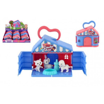 Plastikowy domek dla zwierząt z akcesoriami 2 kolory 11x10x6cm 9 szt. w kartonie