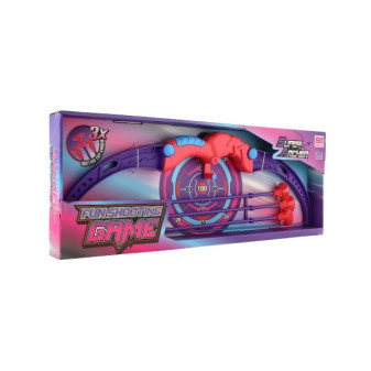 Łuk 56cm + strzały z przyssawkami 3szt plastik + tarcza różowo-fioletowa w pudełku 58x22x5cm