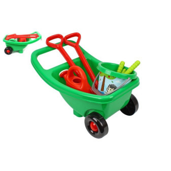 Zestaw ogrodowy plastikowy taczka, wiadro, dzbanek z akcesoriami w siatce 31x52x31cm