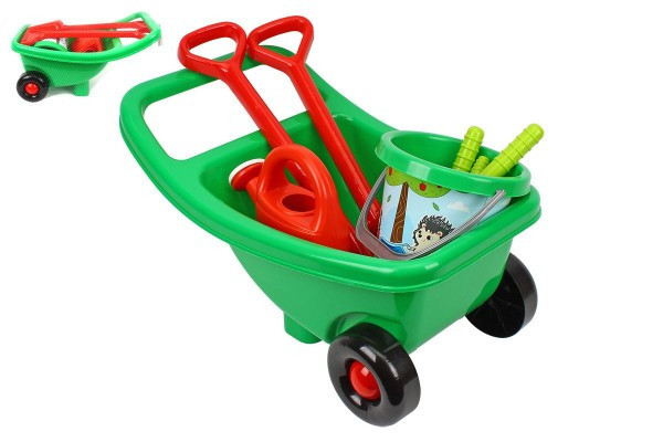 Zestaw ogrodowy plastikowy taczka, wiadro, dzbanek z akcesoriami w siatce 31x52x31cm