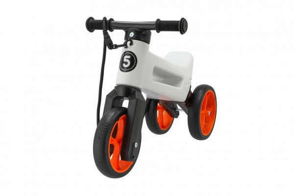 Biało-pomarańczowy zderzak FUNNY WHEELS Rider SuperSport. 2w1+pasek, wysokość siodełka 28/30cm, obciążenie 25kg, 18m+vs