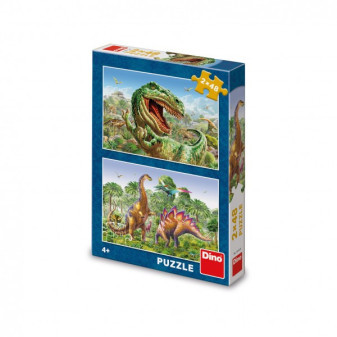 Puzzle 2 w 1 Bitwa dinozaurów 2x48 elementów 26x18cm w pudełku 19x27,5x4cm
