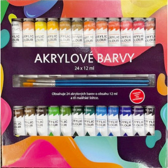 Akrylové barvy 24x12ml se štětcemi 3ks i na keramiku,sklo,kameny v krabičce 22x22x2cm