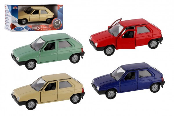 Kalosze samochodowe Škoda Favorit metal/plastik 11cm 1:34 do swobodnego biegania 4 kolory w pudełku 15x7x7cm