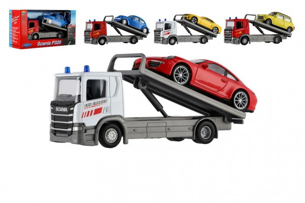 Laweta Welly Scania P320 + samochód metalowy/plastikowy 15cm mix typów w pudełku 18,5x10x6cm