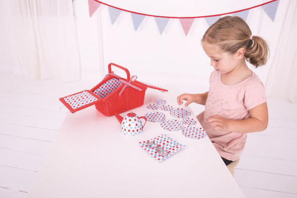 Bigjigs Toys Drewniane zabawki - Zestaw do herbaty w koszu piknikowym