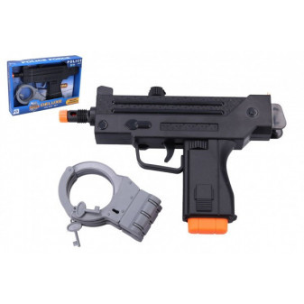 Pistolet/pistolet maszynowy policyjny z kajdankami plastikowy 24cm zasilany baterią z dźwiękiem i światłem w pudełku 26x18x5cm