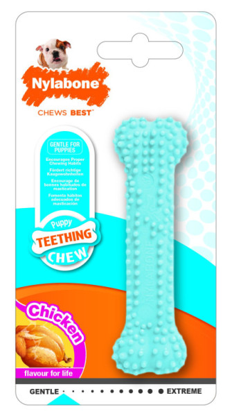 Zabawka Nylabone Puppy Bone o smaku kurczaka, niebieska XS