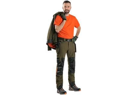 Męskie spodnie CXS NAOS, khaki-oliwka, akcesoria HV Orange, rozmiar 60