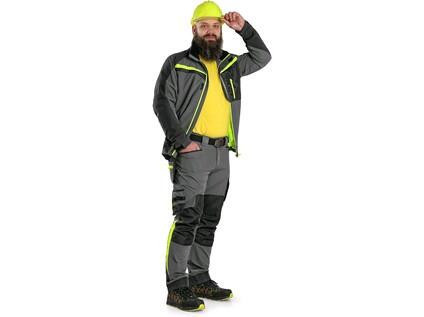 Męskie spodnie CXS NAOS, szaro-czarne, dodatki w kolorze żółtym HV, rozmiar 48