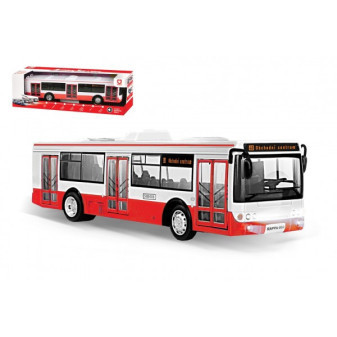 Autobus czeskojęzyczny, plastik, 28 cm, czerwony, na baterie, ze światem, dźwiękiem, w pudełku
