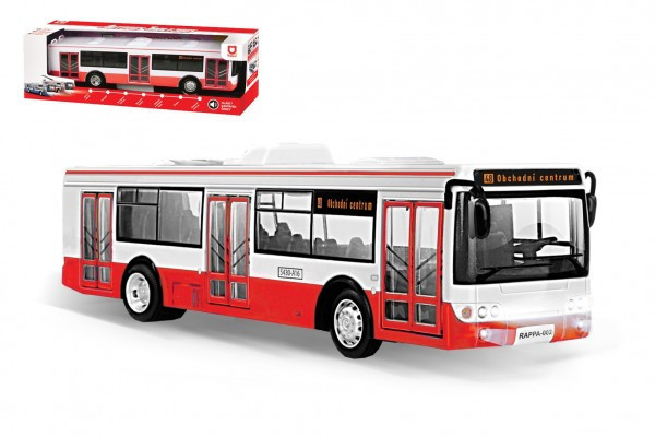 Autobus czeskojęzyczny, plastik, 28 cm, czerwony, na baterie, ze światem, dźwiękiem, w pudełku
