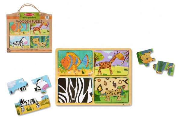 Drewniane puzzle planszowe na podróż Zwierzęta 16 szt w papierowej torbie 31x27,5x1cm 2+