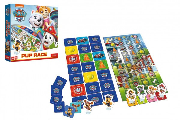 Gra planszowa Race Paw Patrol w pudełku o wymiarach 24,5x24,5x5cm