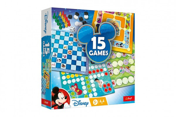 Zestaw 15 gier planszowych Disney w pudełku o wymiarach 24,5x24,5x6cm