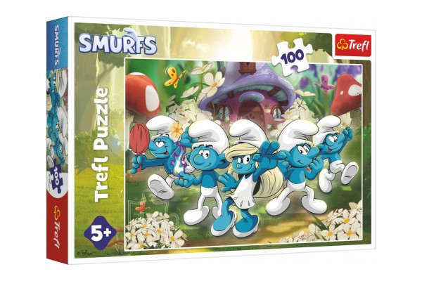 Puzzle Poznaj Smerfy 100 elementów 41x27,5cm w pudełku 28,5x19x4cm
